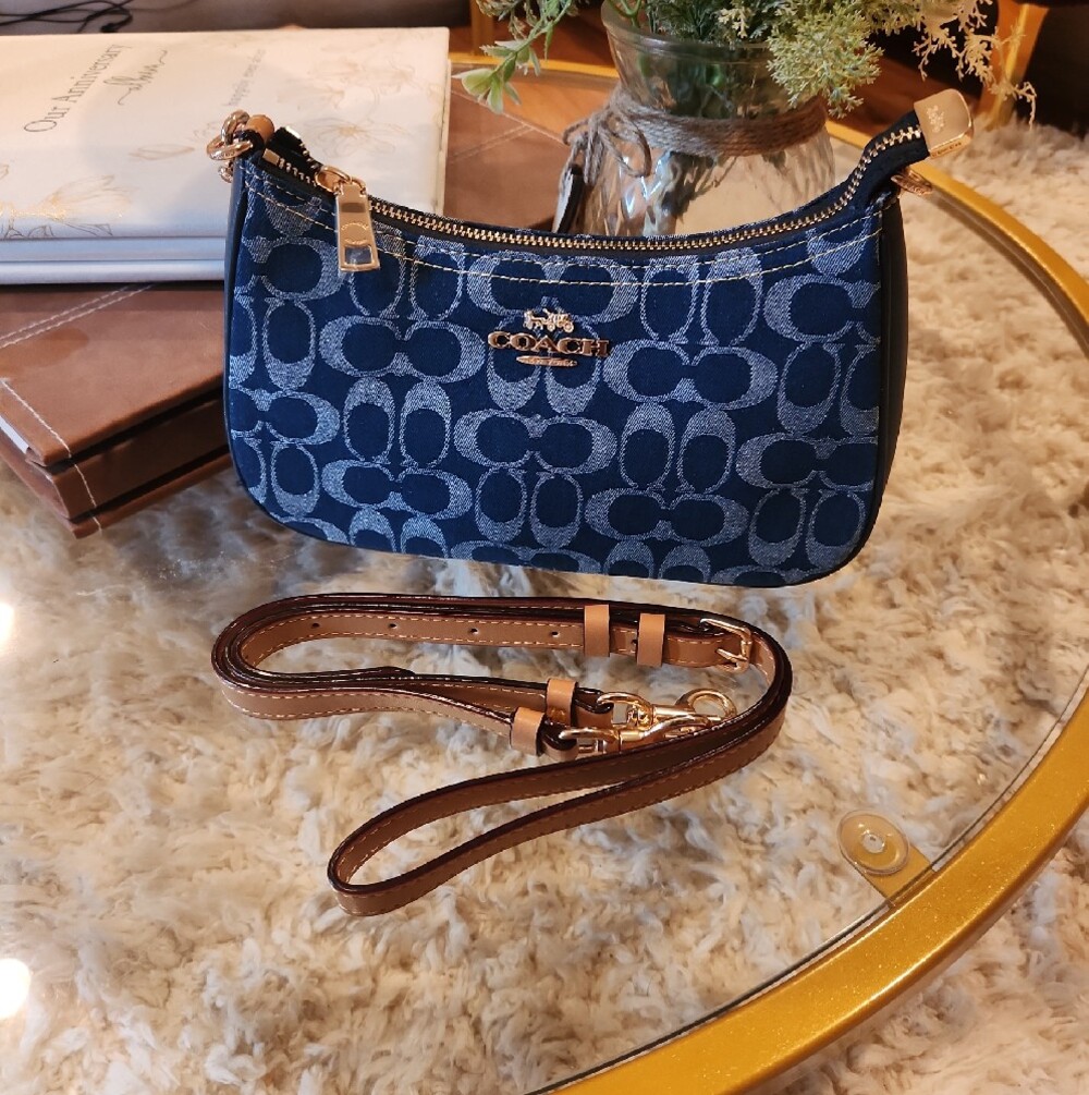 Coach Navy Signature Denim Mini Shoulder Bag with Gold Hardware - Picture 6 of 6
